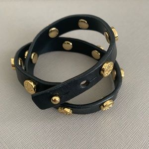 Tory Burch Leather Double Wrap Logo Stud Bracelet